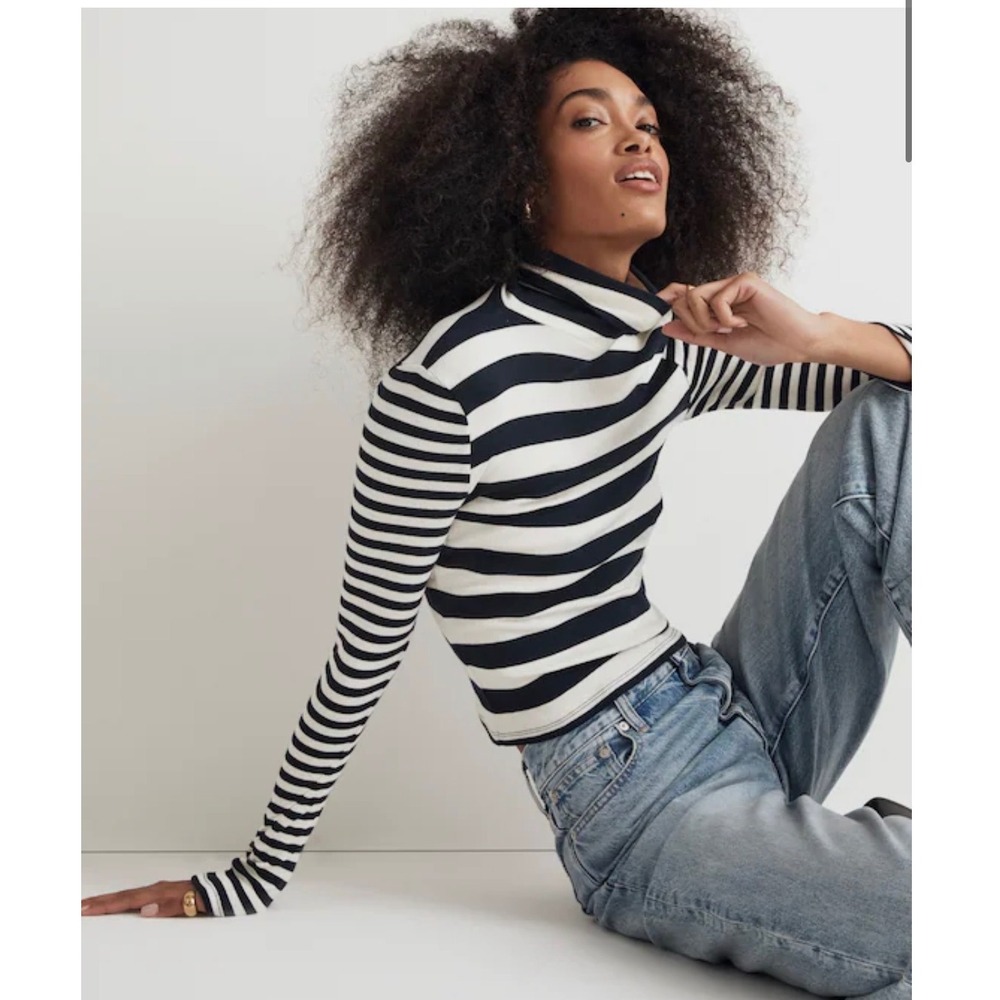 Madewell Women‎ Navy Cream Striped Ribbed Turtleneck Long Sleeve Top Size L